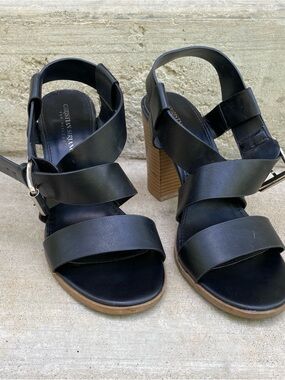 Christian Siriano Black Leather Strappy Block Heel Sandals 9.5